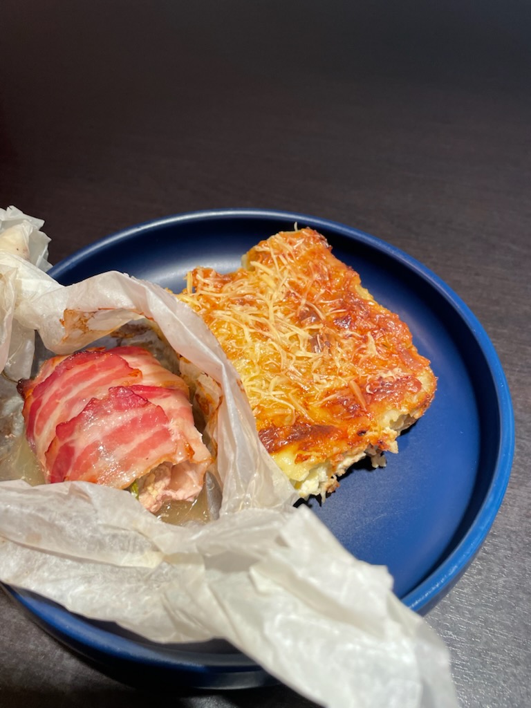 Roulé de dinde et gratin de ravioles aux courgettes